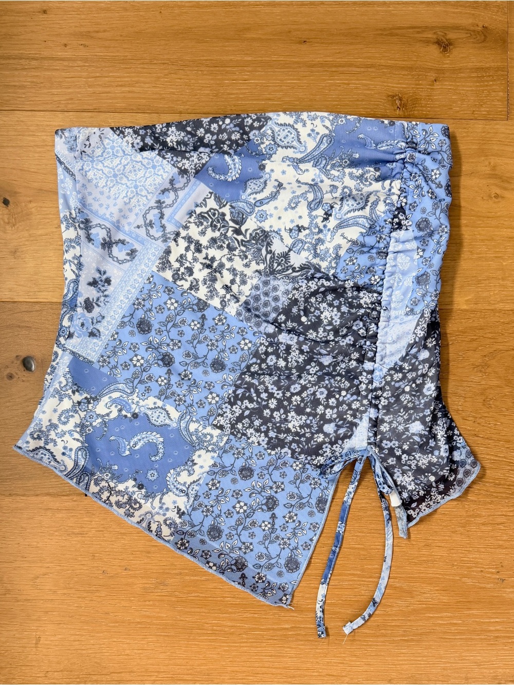 Almost Famous Blue Patchwork Paisley Floral Bandeau Tube Top Ruched Side Tie L